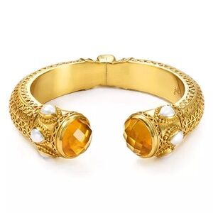 RETIRED Julie Vos Amber & Pearl Hinged Bangle Cuff Bracelet 24k Gold Plated